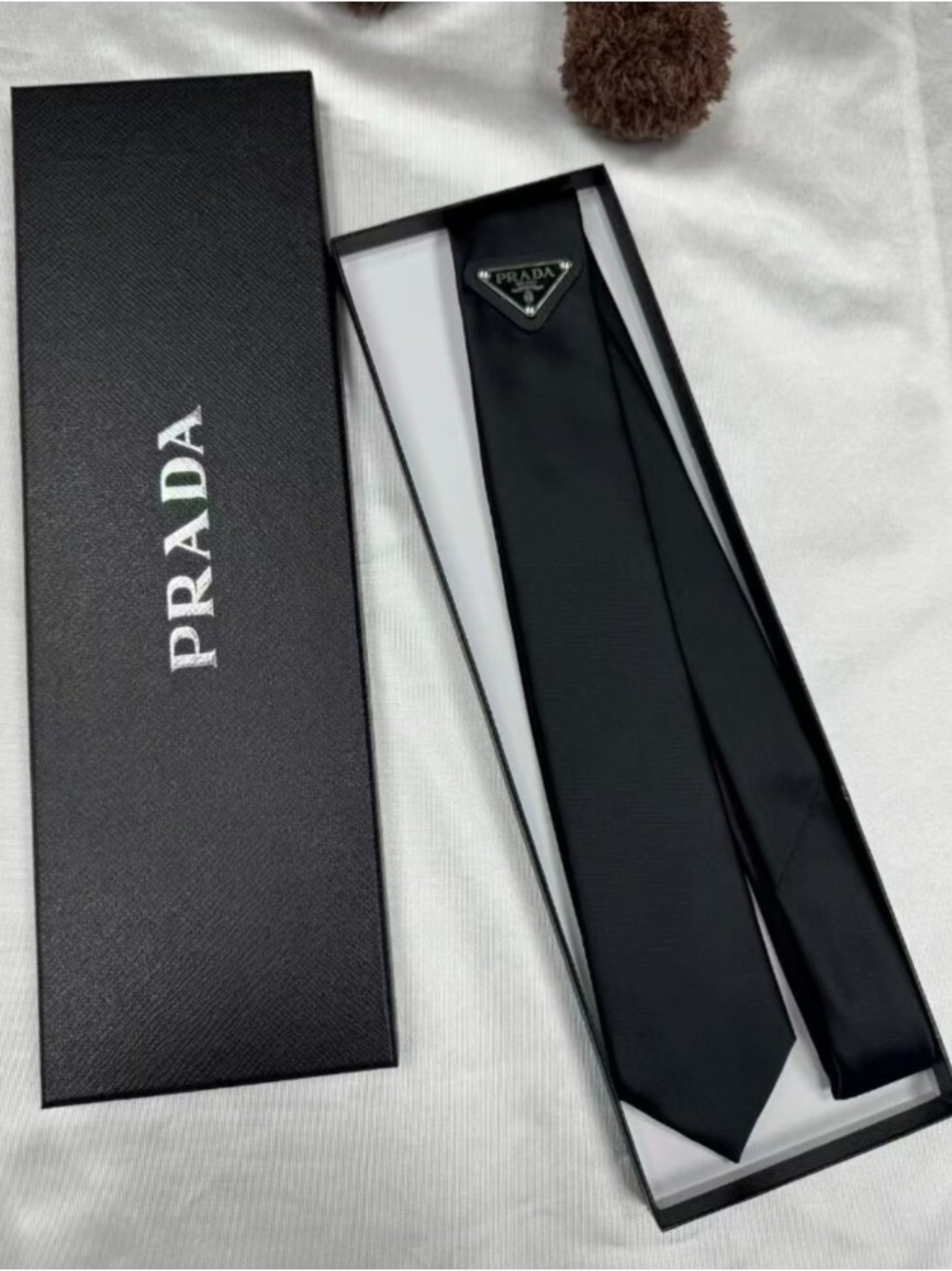 New Prada Black Silk Tie with Triangle Logo Accent